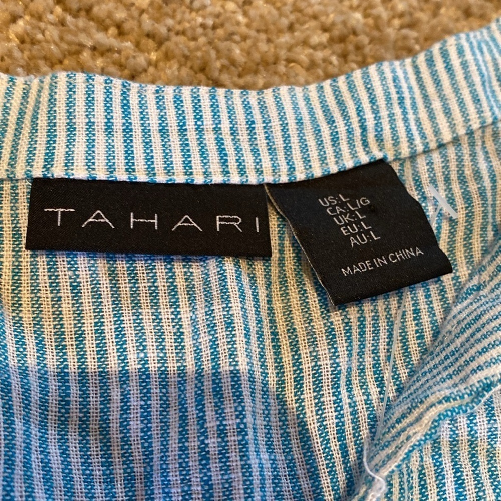 Tahari Linen Sleeveless Tassel Hem Aqua White Stripe Swim Cover Dress Sz LARGE - Picture 6 of 9